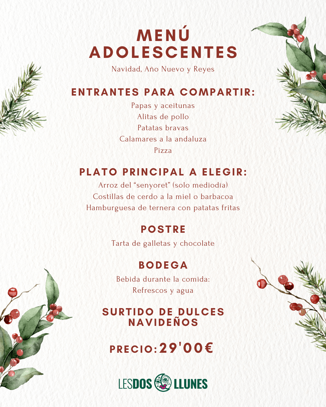 Menus de Navidad Adolescentes Restaurante Dos Llunes